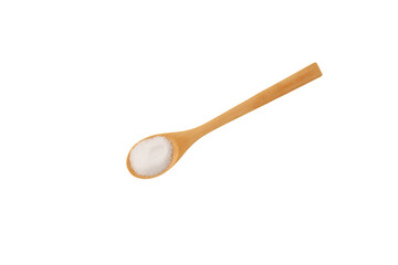 Sugar substitute Xylitol. Birch sugar in wooden spoon. Food additive E967, sweetener. Xylitol has about same sweetness as sucrose, but is sweeter than similar compounds like sorbitol and mannitol