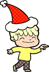 comic book style illustration of a happy boy wearing santa hat