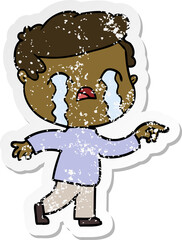 distressed sticker of a cartoon man crying