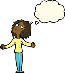 cartoon curious woman looking upwards with thought bubble