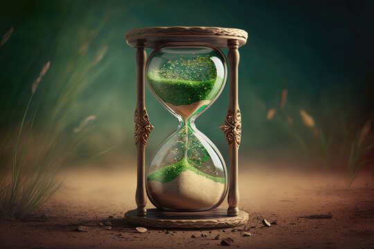 Hourglass in natural green background. Generative AI