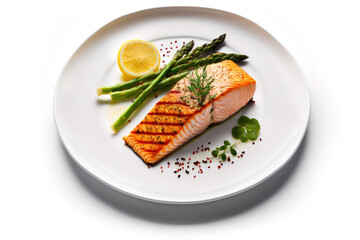Tasty Delicious Juicy Salmon Steak with Vegetables and sauce on a Plate. Isolated on a white Background . Generative AI.