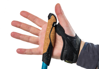 Hand with Nordic walking stick isolated on white background. A cane for Nordic walking in a man's hand close-up
