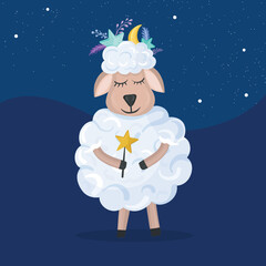 Cute sheep sleep in cartoon style. Good Night