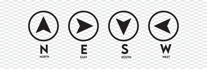 Vector compass icons of north, south, east and west direction. Compass icons set. Map symbol. - obrazy, fototapety, plakaty