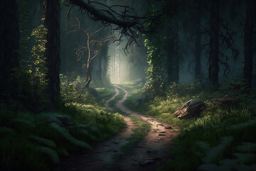 Fototapeta premium beautiful forest light grassy path, art illustration 
