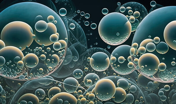  A Painting Of Bubbles Floating In The Air With A Black Background.  Generative Ai