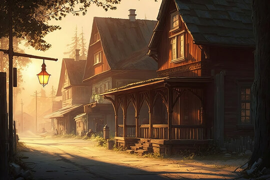 a small town of wooden houses lit by soft sunlight, art illustration 
