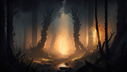 forest warm atmospheric lighting painting, art illustration 