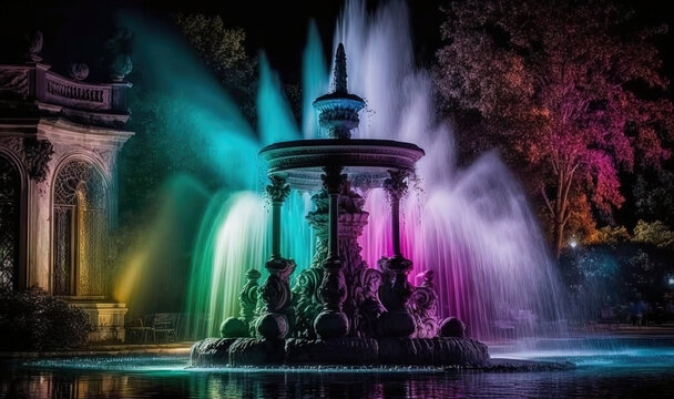  a colorful fountain in the middle of a park at night.  generative ai