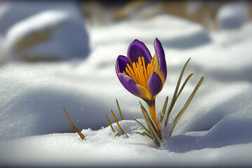 Fototapeta na wymiar The crocus is the first spring flower, it grows in the last snow