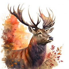  Watercolor Painting of Majestic Deer Portrait with forrest elements florals