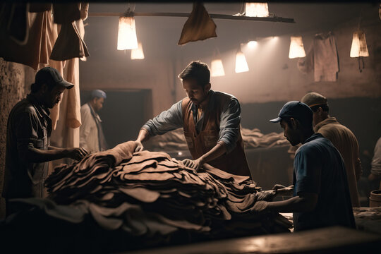 India Skilled Leather Workers. Tannery in Kanpur with workers processing. Craftsmanship concept. AI Generative