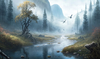  a painting of a forest scene with a river and birds.  generative ai