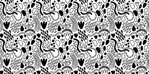 Vector seamless pattern. Abstract repetitive ornament for surface design, printing on paper and fabric. Handdrawn waves, shapes, circles, flowers, leaves, branches. Background for social media post.
