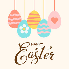 Vector hand drawn silhouette of Easter eggs and Happy easter lettering. Background with text message for banner, card