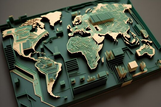 Fototapeta 3d topographic world map view with detailed circuit board textures, generative AI