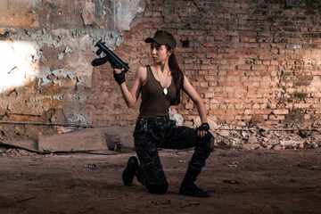 Female soldier with weapons. Character from the comic book The Punisher. Armed with a pistol and machine gun. A dangerous person who solves problems with force.