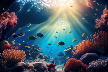 Coral Reef With Many Fish Swimming Underwater In Light Beams. Generative AI