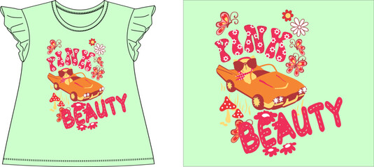 PINK BEAUTY CAT IN CAR t-shirt graphic design vector illustration