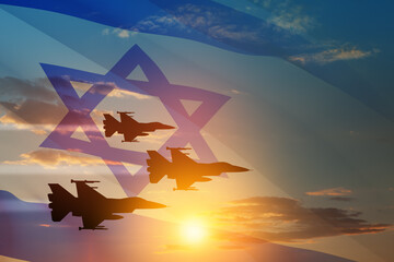 Aircraft silhouettes on background of sunset with a transparent waving Israel flag. Military...