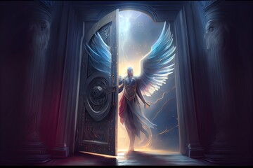 The Door To Heaven. Fantasy Illustration. God, Angels, Archangel Michael, Light. Generative AI - obrazy, fototapety, plakaty
