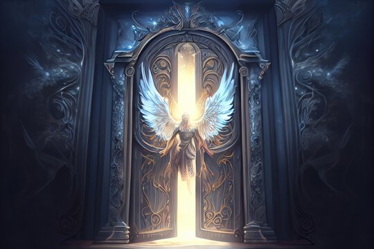 The Door To Heaven. Fantasy Illustration. God, Angels, Archangel Michael, Light. Generative AI
