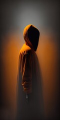 Minimalistic Blur Silhouette Portrait in Orange Color Fog Background, Human Art Concept. Generative AI.
