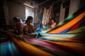 Textile industry Indian Women working on colorful textile looms AI Generative