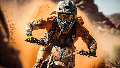 Close-up of mountain motocross race in dirt track in day time. Concept focus of during an acceleration in action sport Splashing sand by ai generative - obrazy, fototapety, plakaty