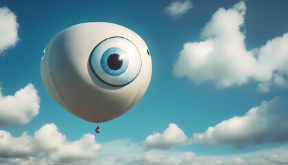 Spy balloon with eye fly in the blue sky. White military airship or UFO. Generative AI illustration