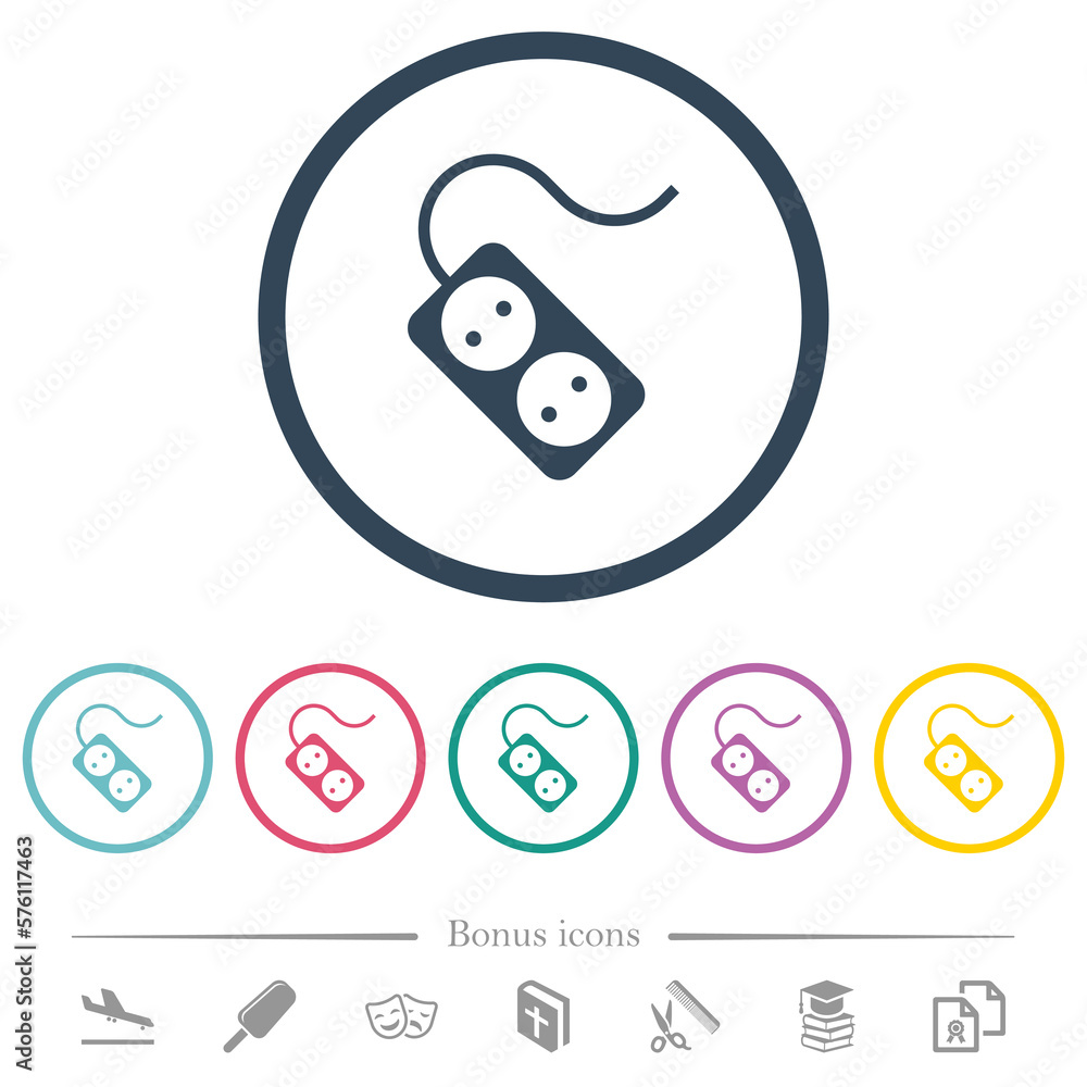 Poster portable electrical outlet with two sockets and cord solid flat color icons in round outlines
