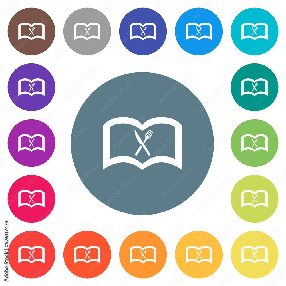Poster cookbook with knife and fork flat white icons on round color backgrounds