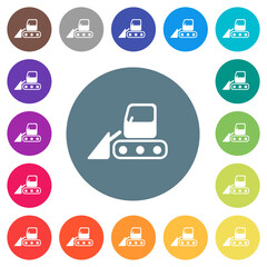 Snow shovel tractor flat white icons on round color backgrounds