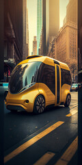 Futuristic robot taxi rides along big city street. Artificial intelligence controls the car.