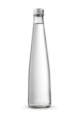Pure water in the transparent glass bottle with aluminum screw cap isolated.