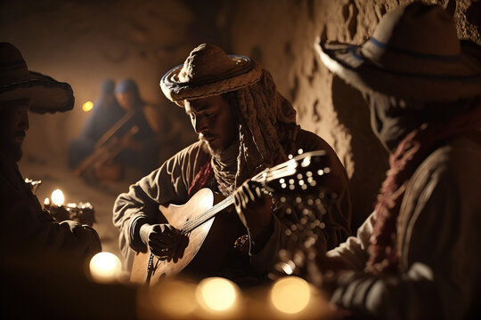 Rhythmic Berber Music. Musicians playing the guembri and krake in a traditional performance. Music concept. AI Generative