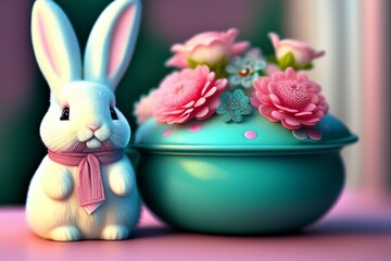 Easter bunny with pink flowers. Generative AI.