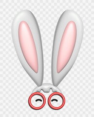3D rabbit vector template of bunny ears with glasses on an isolated background. Voluminous white ears of the Easter bunny. Funny cartoon illustration for greeting card, poster, banner.
