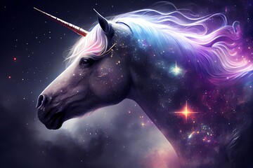 Obraz na płótnie Canvas Space Unicorn In Space. Godlike Creature, Cosmic, Awe Inspiring, Dreamy Digital Illustration. Generative AI