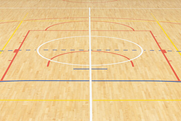 Wooden floor volleyball, basketball, badminton, futsal, handball court with light effect. Wooden...