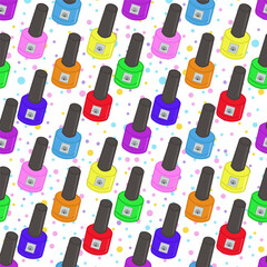 Vector seamless pattern with nail polishes. For beauty salons, Template, Background image, Web design, Business advertising, Nail Art. Vector seamless pattern with manicure cosmetics