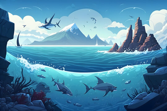 Cartoon ocean paradise background. Made with Generative AI
