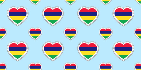 Mauritius flag seamless pattern. Vector Mauritian flags stickers. Love hearts symbols. Texture for travel, web pages, geographic design element. Patriotic wallpaper