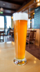 Glass of beer on a table with blurred background