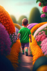 Rear view of little boy child running between flowerbeds in colorful flower garden with blurry background. Generative AI