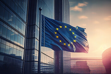 european union flag and sky created with Generative AI technology - obrazy, fototapety, plakaty