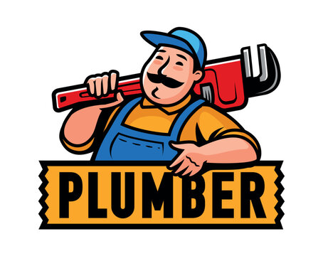 Funny plumber with plumbing wrench. Emblem, logo. Repair work vector illustration