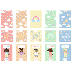 Baby pastel cards with Daddy's boy and Little star girl with rainbow and clouds. Cute design,poster,postcards,template,vector illustrations.