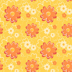 Seamless floral pattern with cute cartoon flowers on yellow background. Vector illustration in flat style. Design for fabric, wrapping paper, background, wallpaper, kids fashion.
